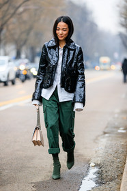 AUTUMN WINTER 2017-2018, AW 17-18, black and white bag, black bag, blue denim, cartoon, denim jacket, denim pants, embroidered jacket, FALL WINTER 2017-2018, fashion week, frenchystyle, full length, FW, FW 17-18, grey boots, high boots, high heels, hoodie, jeans, jonathan paciullo, leather bag, leather shoes, levi's, levi's strauss, MFW, MILAN, miu miu, multicolor sweater, printed sweater, street style, trousers, vertical, yoyo cao