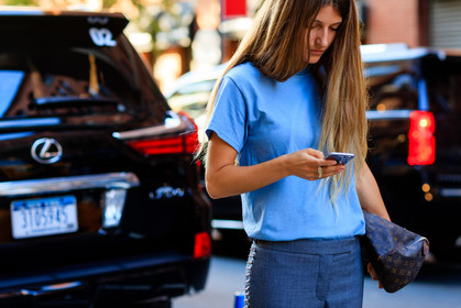 atmosphere details, blue t shirt, brown bag, detail, fashion week, frenchystyle, FW, grey pants, horizontal, jonathan paciullo, leather bag, louis vuitton, monogram, NEW YORK, NYFW, printed bag, SPRING SUMMER 2017, SS 17, street style, studs, woman