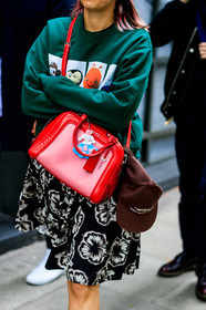 black and white, brown cap, graphic skirt, green sweater, leather bag, miu miu, pink bag, printed skirt, printed sweater, red bag, supreme, fashion week, frenchystyle, FW, jonathan paciullo, street style, LFW, LONDON, SPRING SUMMER 2019, SS 19, vertical, detail, atmosphere details