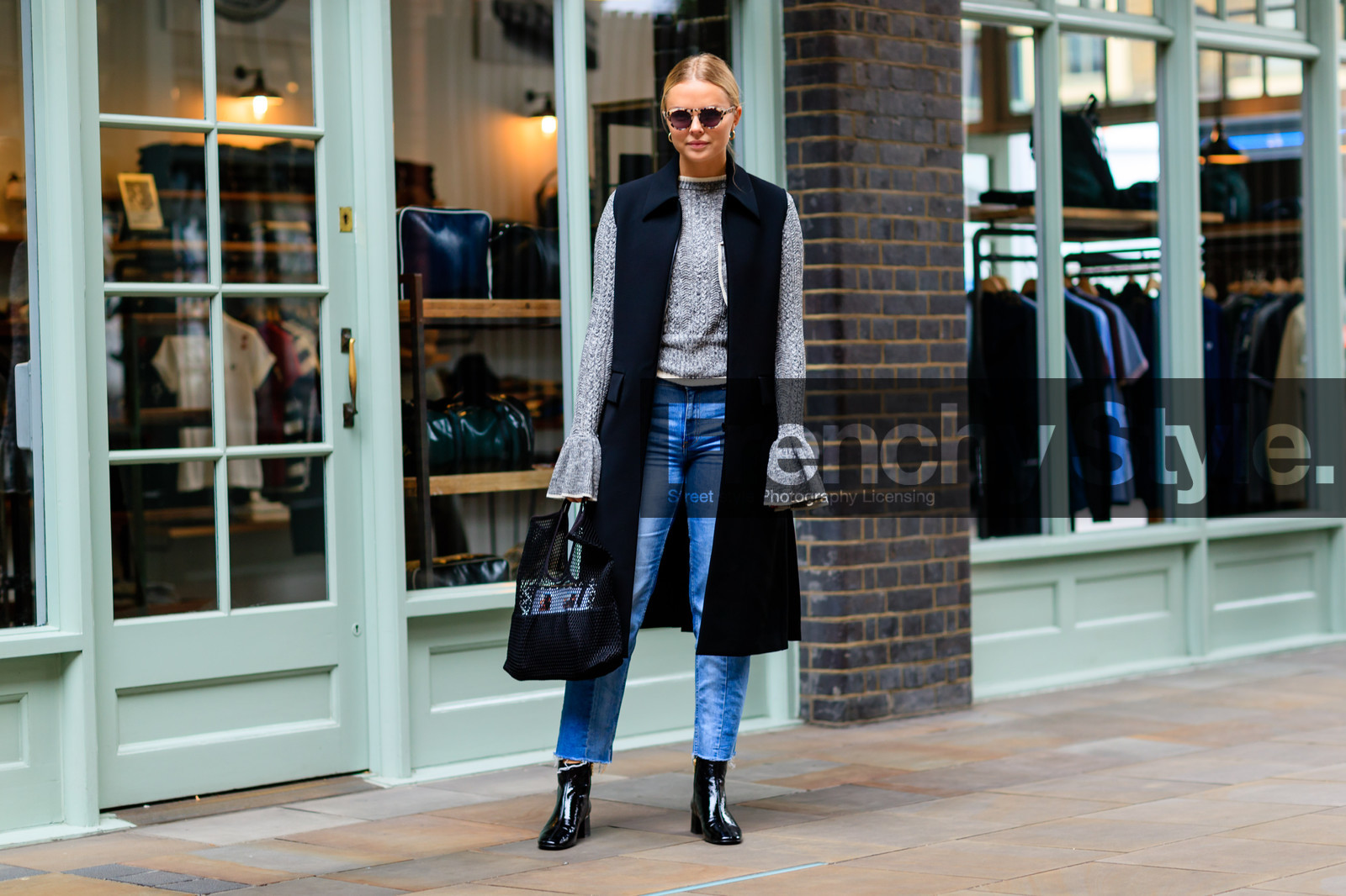 atmosphere details, beige sweater, black bag, black jacket, blue denim, denim pants, fashion week, fishnet, frenchystyle, full length, FW, high heels, horizontal, jeans, jonathan paciullo, leather bag, leather boots, leather shoes, LFW, LONDON, sleeveless, SPRING SUMMER 2017, SS 17, street style, sunglasses, trousers, varnished leather, varnished leather shoes, woman