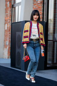 black belt, blue denim, denim pants, graphic bag, graphic jacket, gucci, high heels, jeans, leather bag, leather belt, leather shoes, over the shoulder, printed bag, printed jacket, printed t shirt, red bag, trousers, tweed jacket, white shoes, white t shirt, yellow jacket, fashion week, frenchystyle, FW, jonathan paciullo, street style, MFW, MILAN, AUTUMN WINTER 2018-2019, FALL WINTER 2018-2019, FW 18-19, vertical, full length