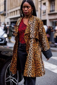animal print, black denim, black jean, camel coat, coat, denim, gold hoops, hoops, jean, leopard coat, leopard print, printed coat, printed top, Rajni Lucienne Jacques, red top, top, zebra print, zebra top, fashion week, frenchystyle, FW, jonathan paciullo, street style, PFW, PARIS, SPRING SUMMER 2022, SS 22, vertical, atmosphere details