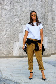 black shoes, black sweater, brown pants, gingham, graphic bag, leather bag, leather shoes, michela meni, printed bag, sunglasses, tied up sweater, trousers, white t shirt, fashion week, frenchystyle, FW, jonathan paciullo, street style, MFW, MILAN, SPRING SUMMER 2019, SS 19, vertical, full length