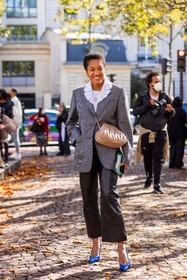 bag, beige bag, black pants, blazer, blue heels, crossbody bag, earrings, elecetric blue, embroidery, flare pants, gold necklace, grey blazer, heels, leather pants, miu miu bag, pants, printed blazer, Tamu McPherson, fashion week, frenchystyle, FW, jonathan paciullo, street style, PFW, PARIS, SPRING SUMMER 2022, SS 22, vertical, full length