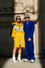 alice & j.s, black hat, blazer, blue jacket, blue pants, blue suit, bucket hat, floral, flowers, graphic jacket, high heels, leather shoes, maison martin margiela, parka, printed jacket, sunglasses, trousers, white shoes, yellow coat, PARIS, PFW, street style, jonathan paciullo, FW, frenchystyle, fashion week, AUTUMN WINTER 2019-2020, AW 19-20, FALL WINTER 2019-2020, FW 19-20, vertical, full length