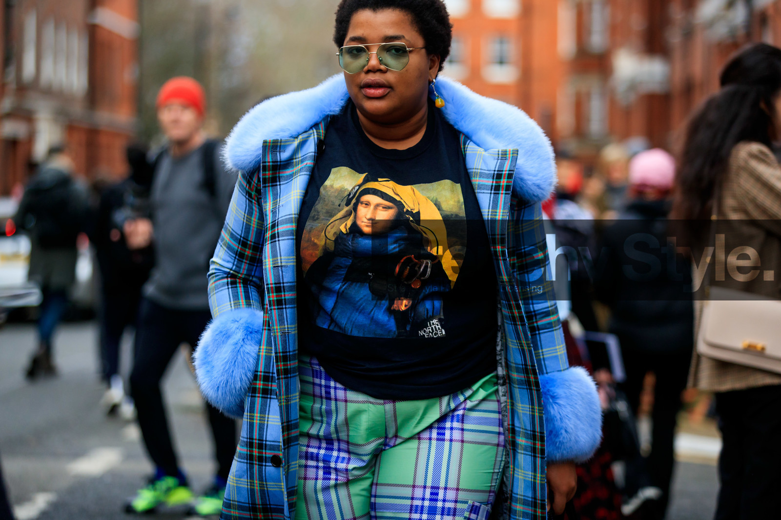 gabriella karefa johnson, black t-shirt, face printed t-shirt, the north face t-shirt, checked coat, checked pants, plaid coat, plaid pants, light blue coat, light green pants, satin pants, silk pants, blue sunglasses, metalic frame sunglasses, aviator sunglasses, stone earrings, dangling earrings, fashion week, frenchystyle, FW, jonathan paciullo, street style, LFW, LONDON, AUTUMN WINTER 2020-2021, FALL WINTER 2020-2021, FW 20-21, horizontal, atmosphere details, detail