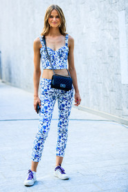 black bag, blue, chanel handbag, crop top, floral, flowers, graphic pants, leather bag, leather shoes, model, printed pants, printed top, trousers, white pants, white sneakers, white top, fashion week, frenchystyle, FW, jonathan paciullo, street style, MFW, MILAN, SPRING SUMMER 2019, SS 19, vertical, full length