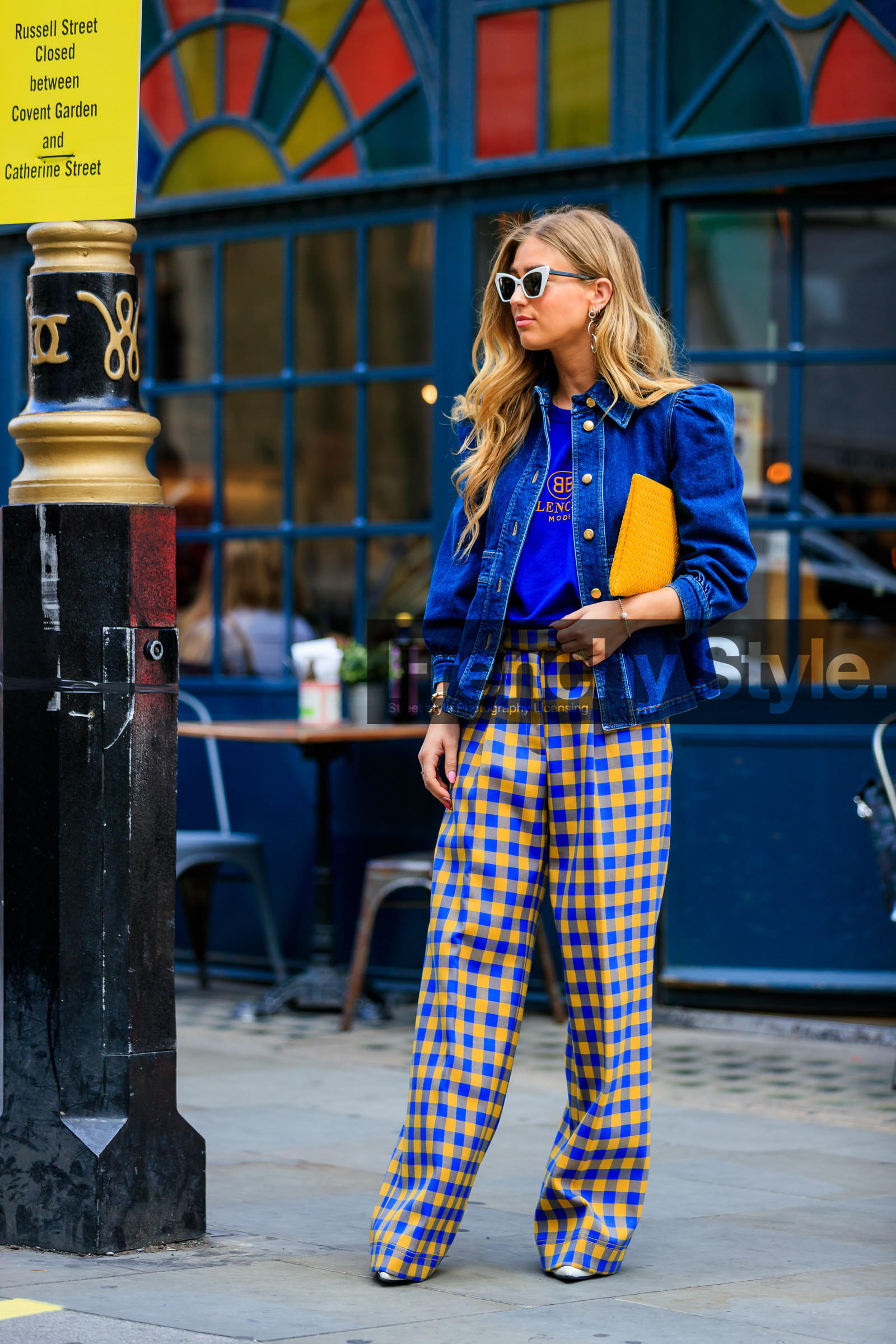 balenciaga, blue denim, blue t shirt, checked, denim jacket, emili sindlev, graphic pants, leather bag, plaid, printed pants, sunglasses, trousers, wide pant, yellow bag, yellow pants, fashion week, frenchystyle, FW, jonathan paciullo, street style, LFW, LONDON, SPRING SUMMER 2019, SS 19, vertical, full length