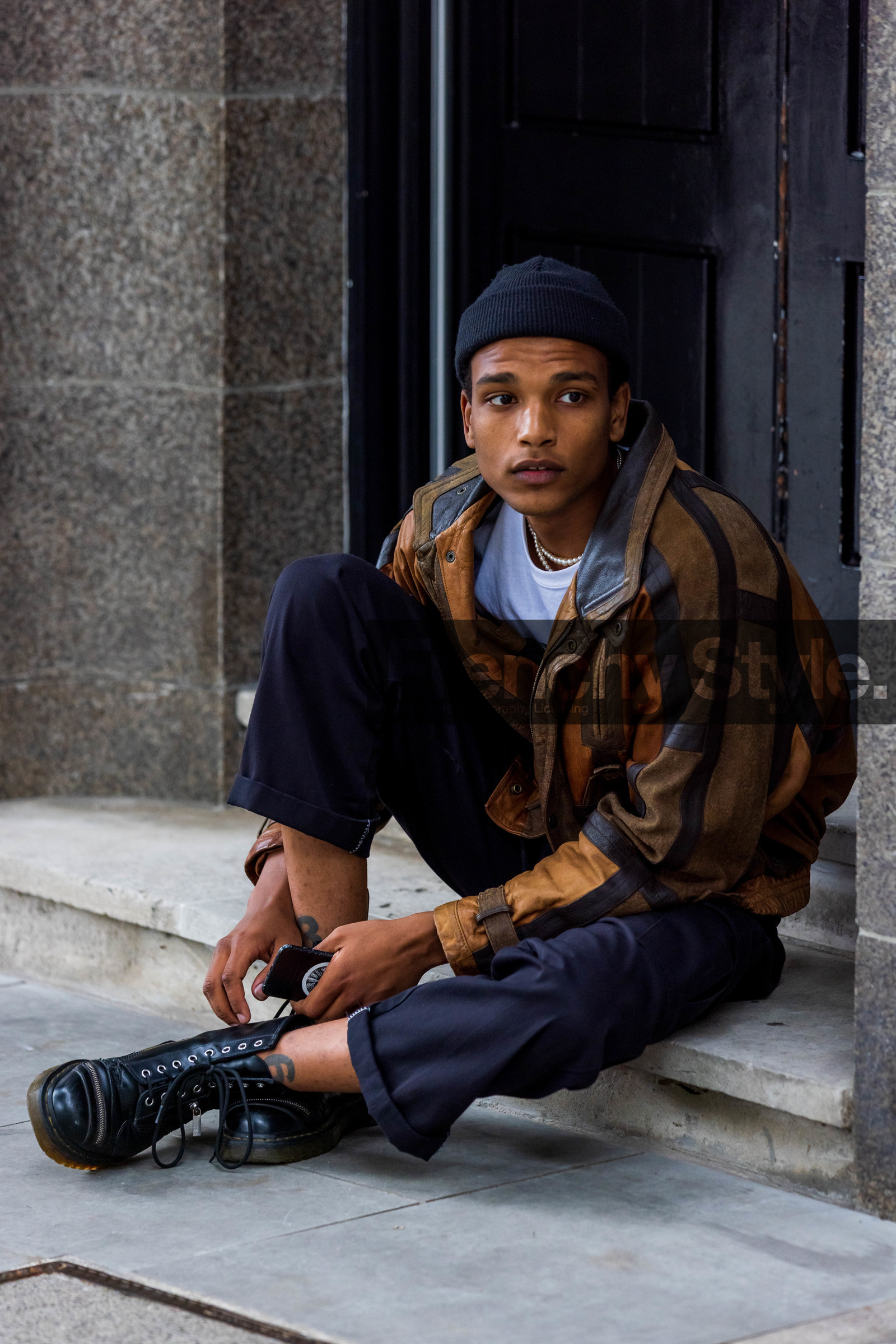 beanie, chino trousers, shoes, black, leather, bomber jacket, print, brown, fashion week, frenchystyle, FW, jonathan paciullo, street style, SS 22, SPRING SUMMER 2022, LFW, LONDON, vertical, full length