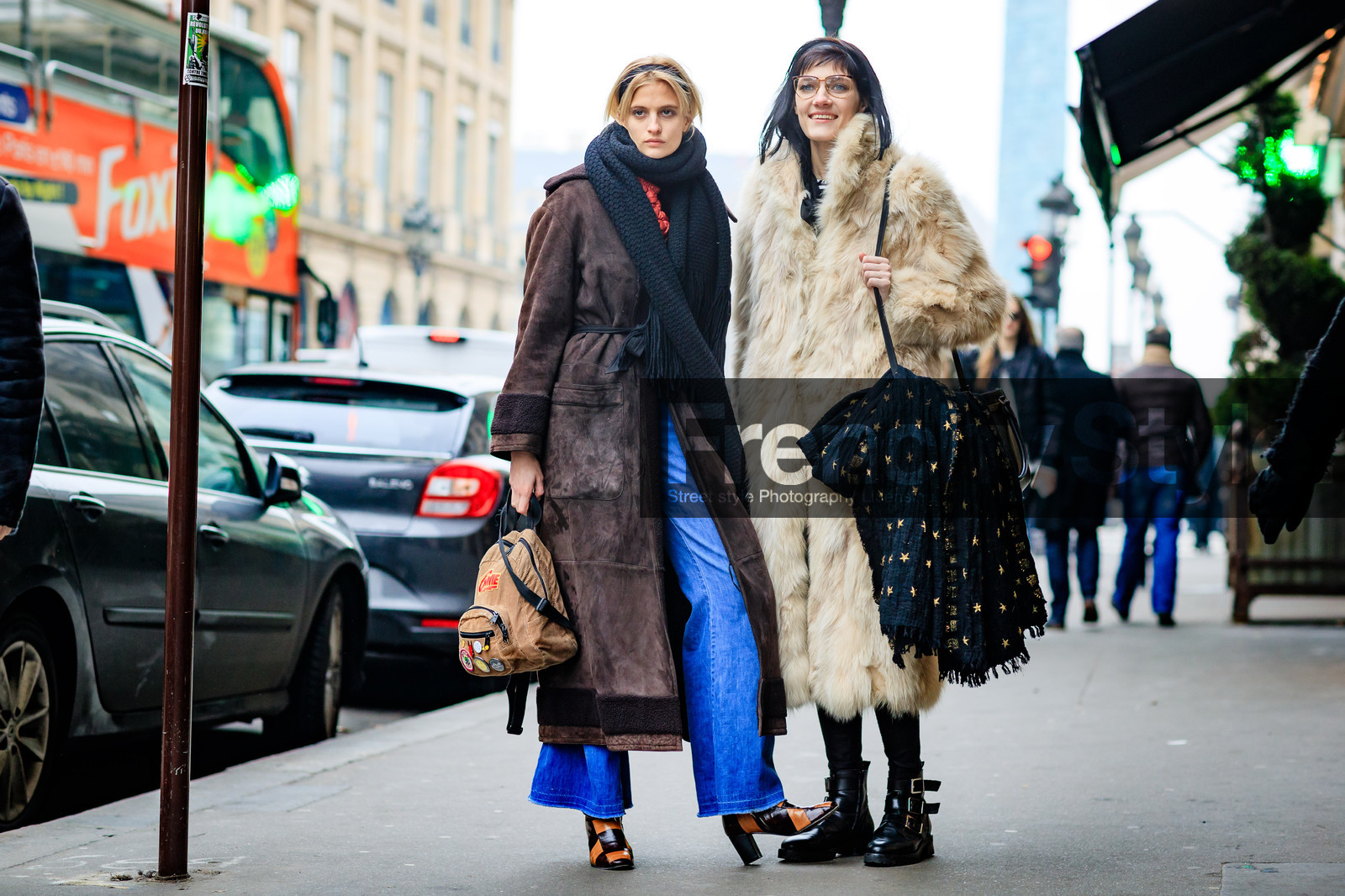 backpack, beige coat, beige fur, black boots, black scarf, black shoes, blue denim, brown coat, brown jacket, denim pants, Fur coat, high heels, jeans, leather bag, leather shoes, long coat, louis vuitton, printed boots, printed scarf, trousers, fashion week, frenchystyle, FW, jonathan paciullo, street style, PFW, PARIS, SPRING SUMMER 2017, SS 17, HAUTE COUTURE, atmosphere details, full length, horizontal, model