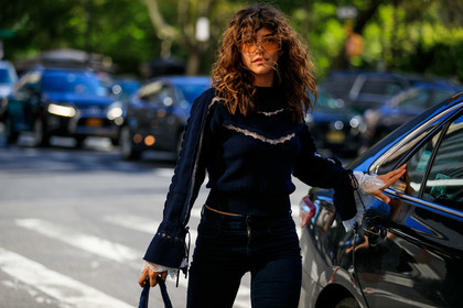 blue denim, calu rivero, denim pants, jeans, lace, navy sweater, sunglasses, trousers, fashion week, frenchystyle, FW, jonathan paciullo, street style, NEW YORK, NYFW, SPRING SUMMER 2020, SS 20, horizontal, atmosphere details, detail