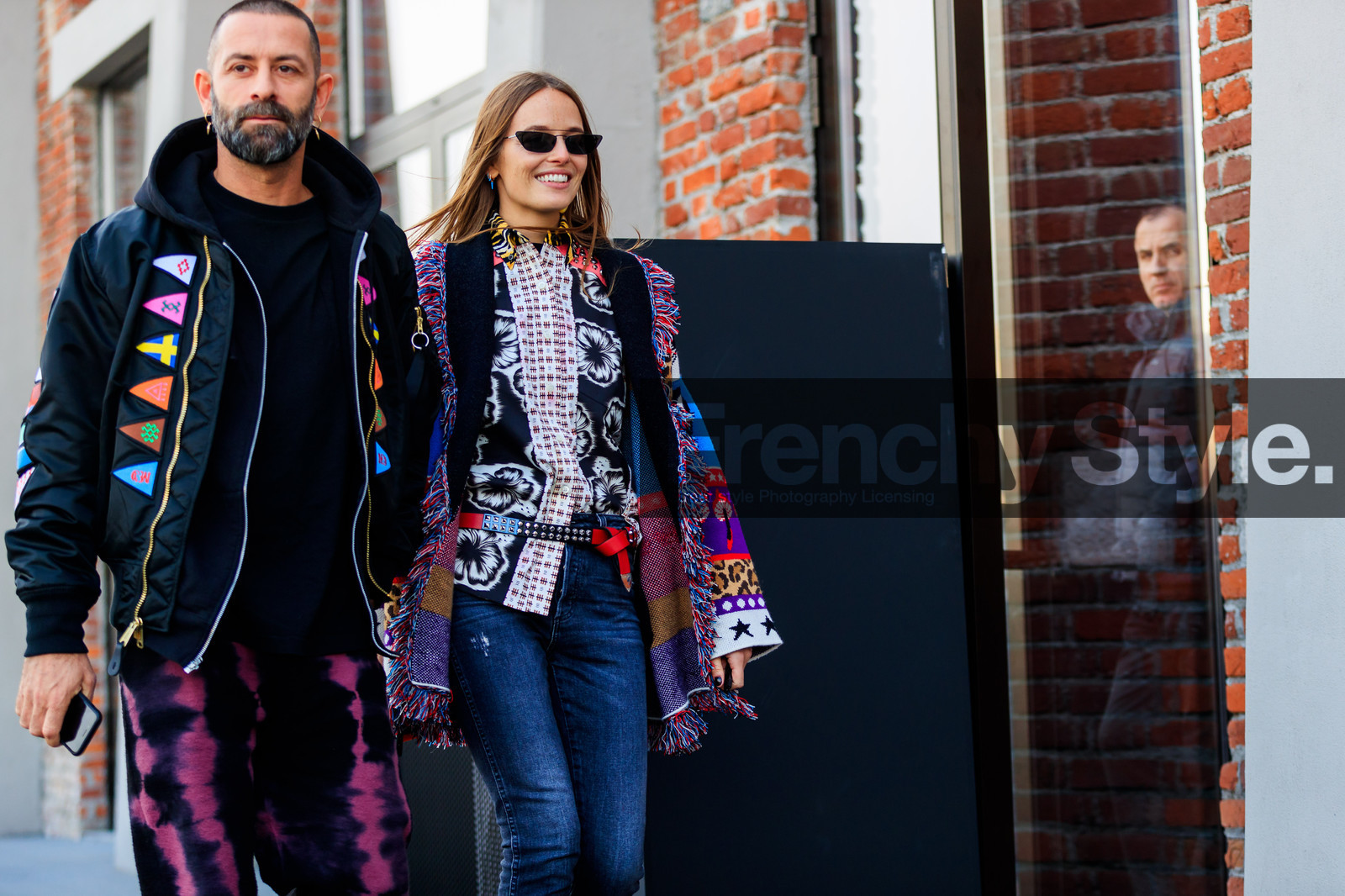 animal print, black belt, black jacket, black sweater, black t shirt, blue denim, bomber jacket, denim pants, floral, flowers, fringes, graphic jacket, graphic pants, graphic shirt, hoodie, jeans, leather belt, leopard, multicolor jacket, pink, prada, printed jacket, printed pants, printed shirt, purple, purple jacket, purple pants, red, studs, sunglasses, tie & die, trousers, turquoise, yellow, fashion week, frenchystyle, FW, jonathan paciullo, street style, MFW, MILAN, AUTUMN WINTER 2018-2019, FALL WINTER 2018-2019, FW 18-19, horizontal, atmosphere details, marcelo burlon, carlotta oddi
