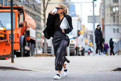 atmosphere details, AUTUMN WINTER 2016-2017, AW 16-17, black jacket, black pants, black sweater, celine aagaard, céline, embroideries, fashion week, frenchystyle, full length, FW, FW 16-17, horizontal, jonathan paciullo, leather pants, NEW YORK, NYFW, street style, sunglasses, white slippers, wide pants, woman