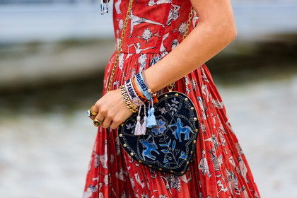 aimee song, atmosphere details, black bag, bracelet, christian dior, detail, embroidered bag, fashion week, floral, flowers, frenchystyle, FW, graphic bag, graphic dress, horizontal, jonathan paciullo, leather bag, PARIS, PFW, pleated dress, printed bag, printed dress, red dress, SPRING SUMMER 2018, SS 18, street style