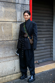 kim jones, black jacket, black pants, black leather boots, brown leather bag, louis vuitton bag, logo strap bag, round shape bag, mini bag, multi bag, multi earrings, crossbody bag, belted jacket, loose pants, flat boots, monogrammed bag, golden earrings, pearl earrings, high collar jacket, big sole boots, prada boots, fashion week, frenchystyle, FW, jonathan paciullo, street style, PFW, PARIS, vertical, full length