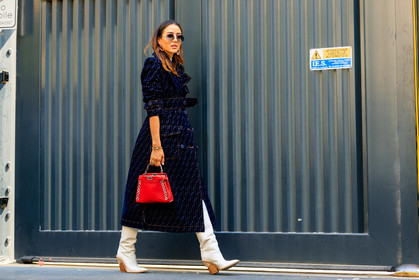 blue coat, earrings, fendi, graphic jacket, high boots, high heels, leather bag, leather shoes, monogram, printed jacket, red bag, rings, sunglasses, tamara kalinic, trench coat, white boots, street style, jonathan paciullo, FW, frenchystyle, fashion week, MFW, MILAN, SPRING SUMMER 2019, SS 19, atmosphere details, horizontal, full length