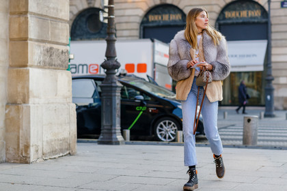 beige bag, black shoes, blue denim, brown fur, choker, denim pants, fur jacket, grey boots, grey fur, grey jacket, gucci, jeans, leather bag, leather shoes, monogram, printed bag, trousers, fashion week, frenchystyle, FW, jonathan paciullo, street style, PFW, PARIS, SPRING SUMMER 2017, SS 17, HAUTE COUTURE, atmosphere details, full length, horizontal, veronika heilbrunner