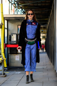 black fur coat, blue jumpsuit, check jumpsuit, checked, fanny pack, gingham, graphic jumpsuit, graphic pants, green bag, green boots, high heels, leather bag, leather shoes, miu miu, off the shoulder, plaid, printed jumpsuit, printed pants, printed shoes, sunglasses, trousers, fashion week, frenchystyle, FW, jonathan paciullo, street style, LFW, LONDON, AUTUMN WINTER 2018-2019, AW 18-19, FALL WINTER 2018-2019, FW 18-19, vertical, full length, estelle pigault