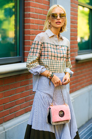 bracelet, checked, earrings, fendi, graphic shirt, grey skirt, leather bag, pink bag, pink shirt, plaid, pleated skirt, printed shirt, sequined shirt, sunglasses, tucked in, viktoria rader, street style, jonathan paciullo, FW, frenchystyle, fashion week, MFW, MILAN, SPRING SUMMER 2019, SS 19, vertical, atmosphere details, detail