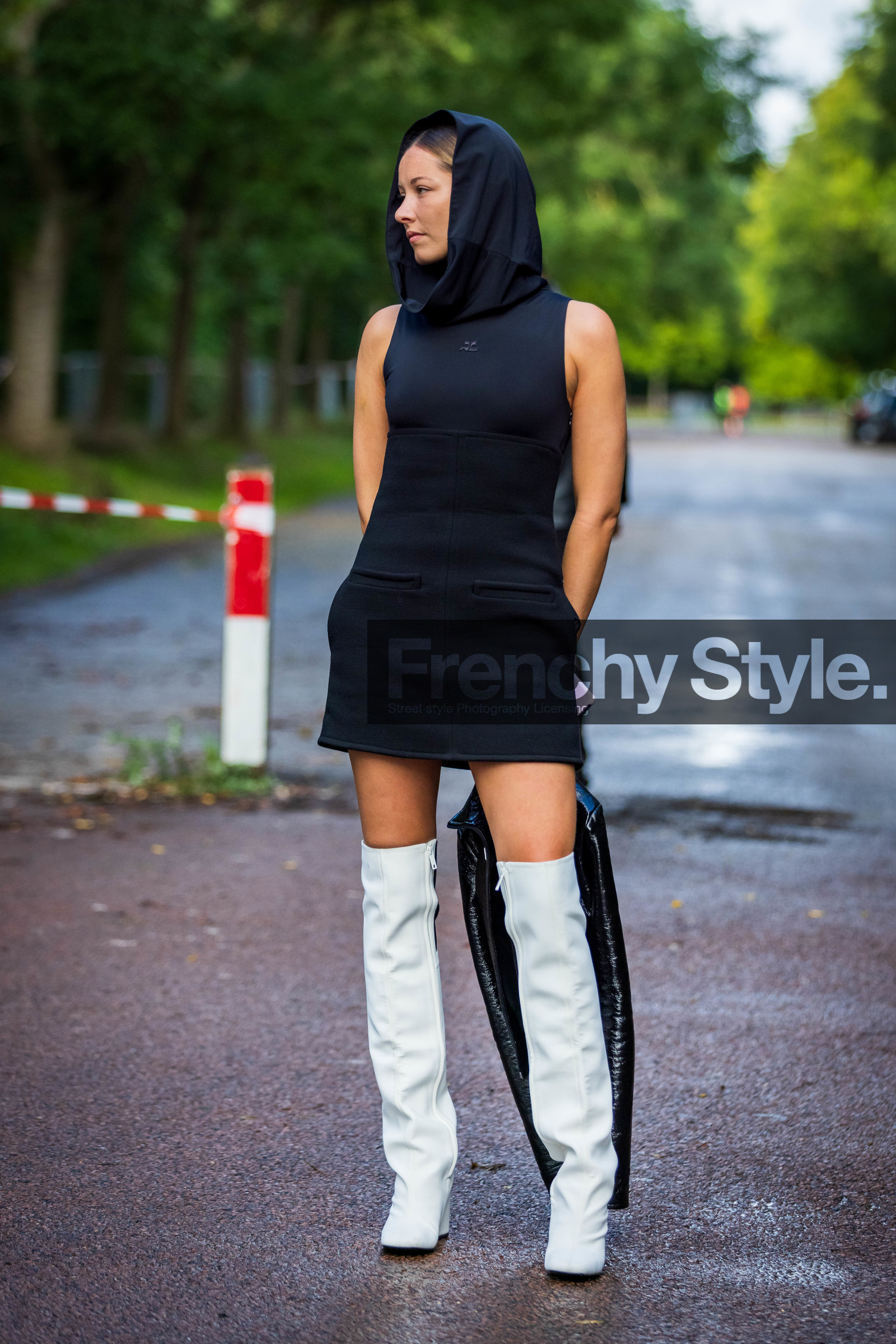 black dress, black hood, boots, courreges look, dress, headscarf, high boots, mini dress, white boots, street style, jonathan paciullo, FW, frenchystyle, fashion week, PFW, PARIS, SPRING SUMMER 2022, SS 22, vertical, full length
