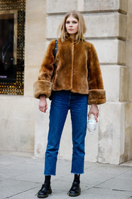 black bag, black shoes, blue denim, brown fur, brown jacket, denim pants, dr martens, fur jacket, jeans, leather bag, leather shoes, trousers, fashion week, frenchystyle, FW, jonathan paciullo, street style, PFW, PARIS, SPRING SUMMER 2017, SS 17, HAUTE COUTURE, vertical, full length, ola rudnicka, model