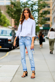 black sandals, blue denim, denim pants, fashion week, frenchystyle, full length, FW, high heels, jeans, jonathan paciullo, leather shoes, model, NEW YORK, NYFW, SPRING SUMMER 2017, SS 17, street style, studs, trousers, vertical, white shirt, woman