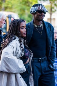 bead braid, beige trench, black belt, black sunglasses, black top, blazer, duo, gold necklace, grey blazer, grey pants, leather belt, menswear, necklace, pants, sunglasses, trench, wool blazer, wool pants, fashion week, frenchystyle, FW, jonathan paciullo, street style, PFW, PARIS, SPRING SUMMER 2022, SS 22, vertical, atmosphere details