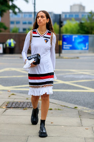 erika boldrin, big sole boots, black leather bag, black leather boots, burberry bag, chelsea boots, letter printed bag, long sleeves dress, monogrammed bag, ruffle dress, striped dress, white dress, sportswear dress, openwork dress, fashion week, frenchystyle, FW, jonathan paciullo, street style, vertical, full length