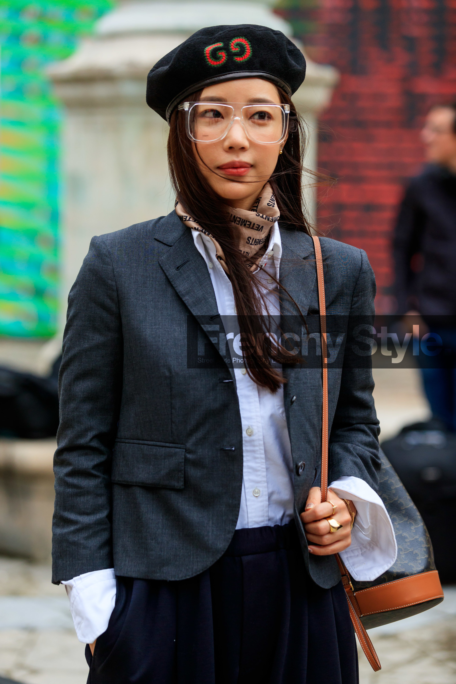gucci hat, black hat, white shirt, dark grey jacket, nude scarf, vetements scarf, letter printed scarf, sheer glasses, monogrammed bag, celine bag, brown leather bag, bucket bag, thom browne shirt, fashion week, frenchystyle, FW, jonathan paciullo, street style, PFW, PARIS, SPRING SUMMER 2020, SS 20, horizontal, atmosphere details, detail