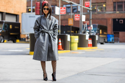 atmosphere details, AUTUMN WINTER 2016-2017, AW 16-17, belted coat, black heels, christian louboutin, FALL WINTER 2016-2017, fashion week, fishnet, frenchystyle, full length, FW, FW 16-17, grey coat, high heels, horizontal, jonathan paciullo, Lainy Hedaya, NEW YORK, NYFW, street style, suede shoes, sunglasses, tights, woman