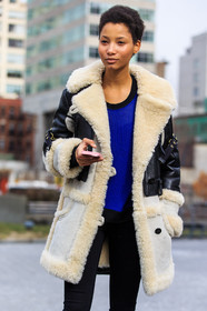 AUTUMN WINTER 2016-2017, AW 16-17, black coat, black pants, blue sweater, fashion week, frenchystyle, full length, FW, FW 16-17, jonathan paciullo, leather coat, lineisy montero, model, NEW YORK, NYFW, sheep fur, street style, vertical, white fur, woman