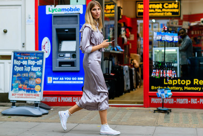 atmosphere details, black bag, converse, fashion week, frenchystyle, full length, FW, horizontal, jonathan paciullo, leather bag, LFW, LONDON, purple dress, silk dress, slip dress, SPRING SUMMER 2017, SS 17, street style, veronika heilbrunner, white sneakers, woman