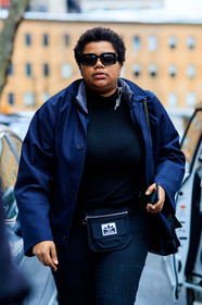 adidas, black bag, black denim, black sweater, denim pants, earrings, gabriella karefa johnson, jeans, leather bag, navy jacket, sunglasses, trousers, frenchystyle, jonathan paciullo, street style, NYFW, NEW YORK, AUTUMN WINTER 2019-2020, AW 19-20, FALL WINTER 2019-2020, FW 19-20, fashion week, FW, vertical, atmosphere details, detail