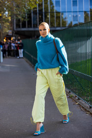 blue sandals, blue turtleneck, knitwear, large pants, Leonie Hanne, pants, sandals, turquoise knitwear, turquoise sandals, turquoise turtleneck, turtleneck, yellow pants, fashion week, frenchystyle, FW, jonathan paciullo, street style, PFW, PARIS, SPRING SUMMER 2022, SS 22, vertical, full length