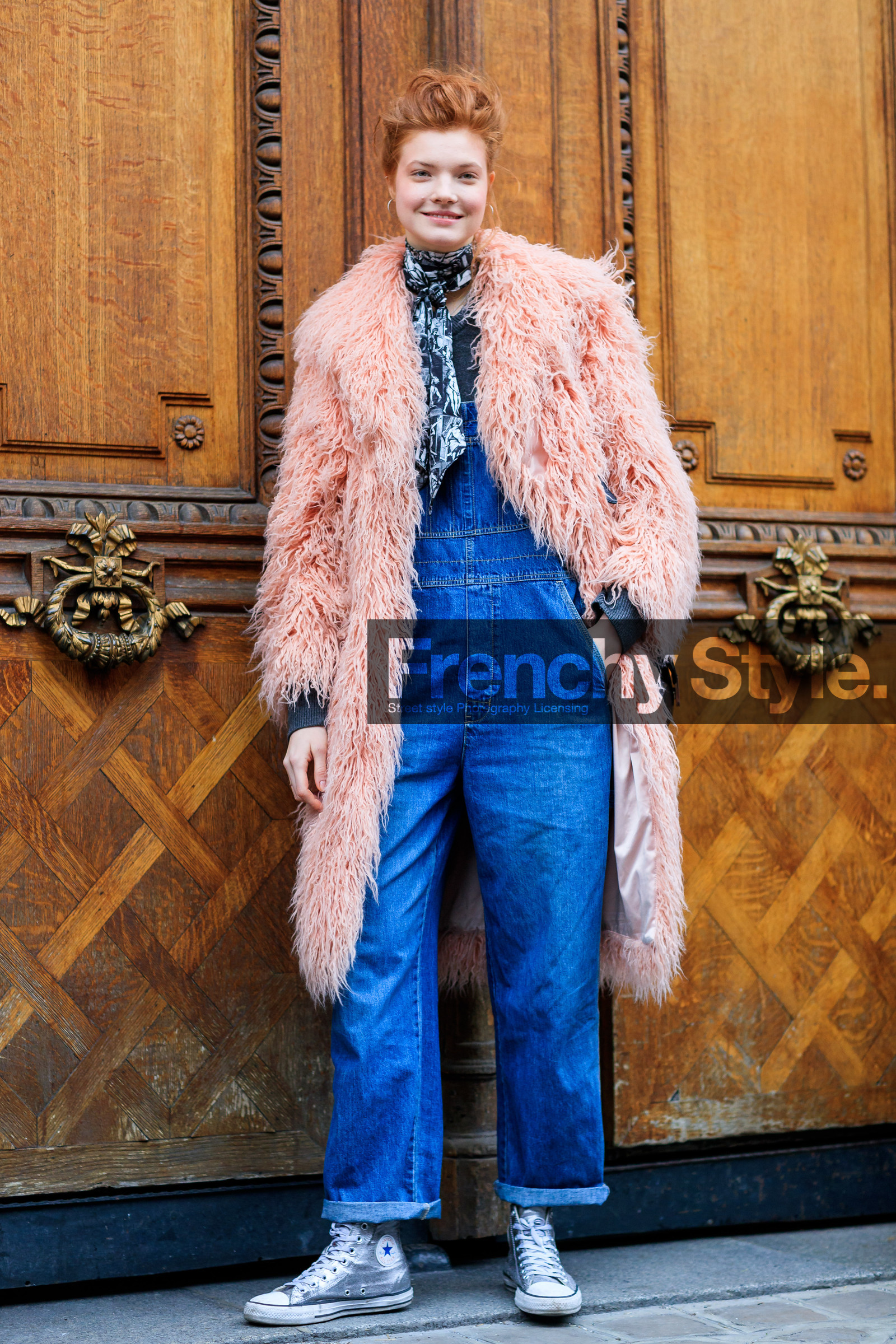 blue denim, converse, denim overall, fur jacket, leather sneakers, pink fur, pink jacket, printed scarf, red head, silver shoes, fashion week, frenchystyle, FW, jonathan paciullo, street style, PFW, PARIS, SPRING SUMMER 2017, SS 17, HAUTE COUTURE, vertical, full length, anastasia ivanova, model