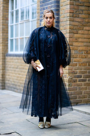 black coat, black dress, chelsea leyland, embroideries, fashion week, flower, frenchystyle, full length, FW, golden shoes, gucci, jonathan paciullo, leather shoes, LFW, LONDON, SPRING SUMMER 2017, SS 17, street style, tulle, vertical, woman
