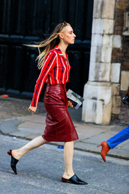 black shoes, flora macdonald johnston, leather shoes, graphic shirt, leather skirt, printed shirt, red shirt, red skirt, striped shirt, sunglasses, fashion week, frenchystyle, FW, jonathan paciullo, street style, LFW, LONDON, SPRING SUMMER 2019, SS 19, vertical, full length
