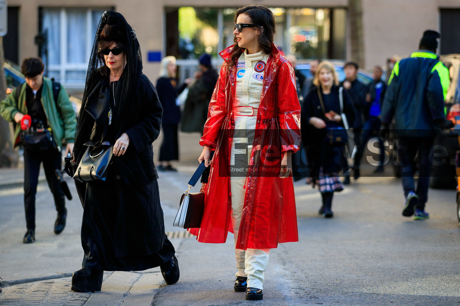 beige jumpsuit, black and white bag, black bag, black dress, black jacket, black scarf, black shoes, leather bag, leather shoes, marine serre, rain coat, red coat, sunglasses, tone on tone, total look black, trousers, fashion week, frenchystyle, FW, jonathan paciullo, street style, PFW, PARIS, AUTUMN WINTER 2019-2020, AW 19-20, FALL WINTER 2019-2020, FW 19-20, horizontal, atmosphere details, full length