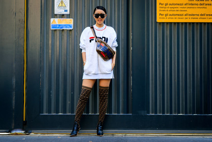 black shoes, brown bag, brown boots, fanny pack, fendi, graphic bag, high boots, high heels, leather bag, leather shoes, monogram, printed bag, printed shoes, sunglasses, white sweater, yuyu zhangzou, street style, jonathan paciullo, FW, frenchystyle, fashion week, MFW, MILAN, SPRING SUMMER 2019, SS 19, atmosphere details, horizontal, full length