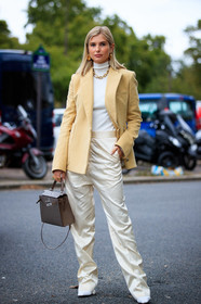 xenia adonts, light yellow jacket, beige jacket, white pullover, white pants, satin pants, turtleneck pullover, loose pants, hermes jacket, golden necklace, golden earrings, golden ring, multi earrings, big chain necklace, brown leather bag, hermes bag, kelly hermes bag, hoop earrings, mini hoop earrings, diamond earrings, white total look, beige total look, fashion week, frenchystyle, FW, jonathan paciullo, street style, PFW, PARIS, SPRING SUMMER 2021, SS 21, vertical, full length