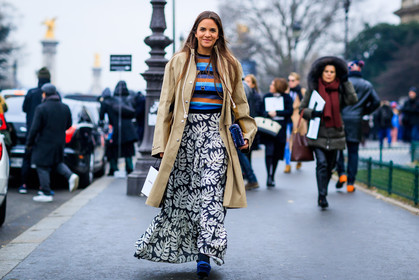 beige coat, blue bag, blue sandals, floral, flower, long skirt, printed skirt, sequined bag, striped t shirt, trench coat, fashion week, frenchystyle, FW, jonathan paciullo, street style, PFW, PARIS, SPRING SUMMER 2017, SS 17, HAUTE COUTURE, atmosphere details, full length, horizontal, laure heriard dubreuil