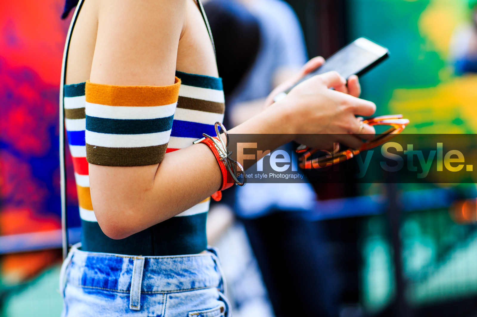 atmosphere details, blue denim, bracelet, bustier top, crop top, denim pants, detail, dyed hair, fashion week, frenchystyle, FW, geometric, graphic top, horizontal, jeans, jonathan paciullo, MENSWEAR, off the shoulder, PARIS, PFW, SPRING SUMMER 2017, SS 17, street style, striped top, stripes, trousers