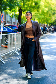 brown top, brown leather coat, brown leather jacket, long jacket, cropped top, black jeans, black leather sneakers, futurist shape sunglasses, metalic frame sunglasses, adidas sneakers, brown bag, monogrammed bag, fendi bag, imaan hamman, fashion week, frenchystyle, FW, jonathan paciullo, street style, MFW, MILAN, SPRING SUMMER 2021, SS 21, vertical, full length, model