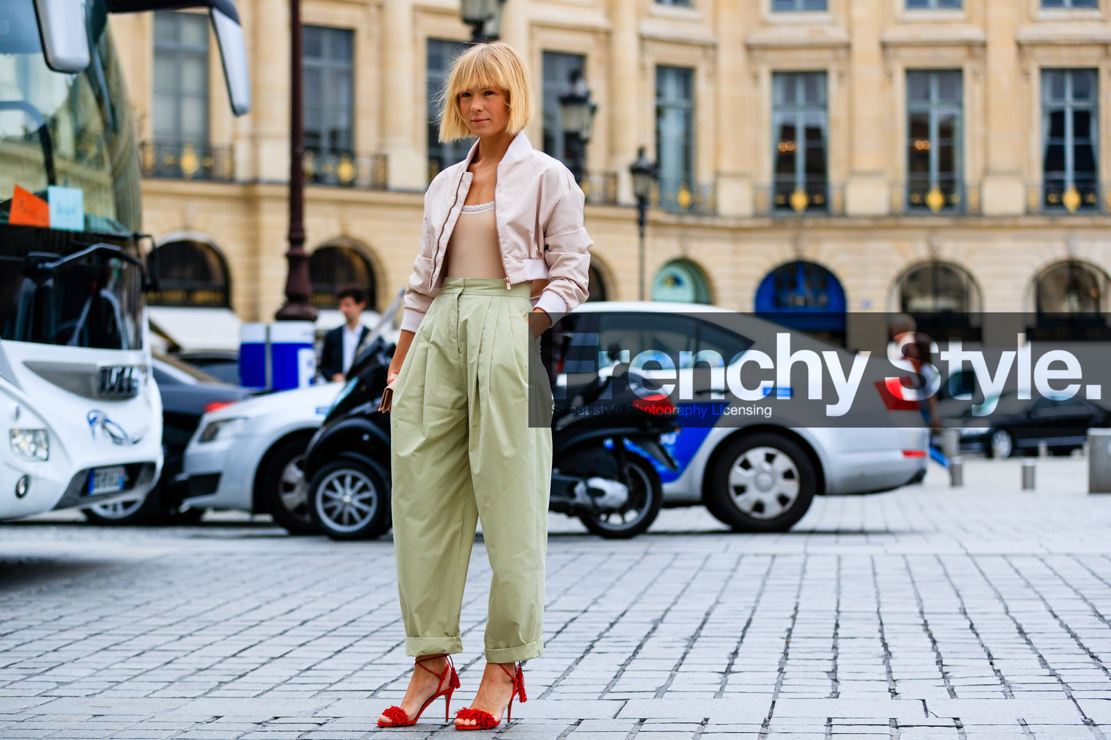atmosphere details, AUTUMN WINTER 2016-2017, AW 16-17, beige top, bomber jacket, FALL WINTER 2016-2017, fashion week, frenchystyle, full length, FW, FW 16-17, green pants, HAUTE COUTURE, high heels, high waist, horizontal, jonathan paciullo, MENSWEAR, PARIS, PFW, pink jacket, pink top, red sandals, red shoes, street style, suede shoes, trousers, vika gazinskaya