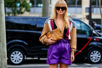 jeanette madsen, beige cardigan, camel cardigan, strassed cardigan, striped cardigan, burgundy cardigan, low necked cardigan, camel leather clutch, purple leather shorts, high waist shorts, black sunglasses, miu miu cardigan, miu miu look, miu miu shorts, fashion week, frenchystyle, FW, jonathan paciullo, street style, PFW, PARIS, horizontal, atmosphere details, detail
