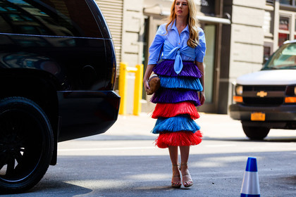 atmosphere details, beige bag, blue shirt, detail, fashion week, frenchystyle, fringes, FW, high heels, horizontal, jonathan paciullo, layers, leather clutch, leather shoes, NEW YORK, nude sandals, NYFW, purple skirt, red skirt, SPRING SUMMER 2017, SS 17, street style, striped skirt, tied up shirt, woman