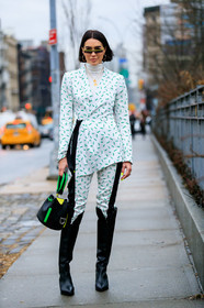 black bag, black shoes, brittany xavier, danse lente, floral, flowers, graphic jacket, graphic pants, high boots, leather bag, leather shoes, printed jacket, printed pants, sunglasses, trousers, white jacket, white pants, white sweater, street style, jonathan paciullo, frenchystyle, NYFW, NEW YORK, AUTUMN WINTER 2019-2020, AW 19-20, FALL WINTER 2019-2020, FW 19-20, fashion week, FW, vertical, full length