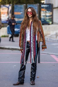 asymetrical shirt, aviator, beige bag, belt, black belt, boots, brown boots, brown santiags, color, croco boots, Estelle Chemouny, fringes, gold necklace, gucci bag, leather belt, leather boots, leather pants, multicolor, necklace, pants, print, printed bag, ring, santiags, scarf, shirt, stacking necklace, striped shirt, stripes, sunglasses, tortoise sunglasses, white t-shirt, fashion week, frenchystyle, FW, jonathan paciullo, street style, PFW, PARIS, SPRING SUMMER 2022, SS 22, vertical, full length