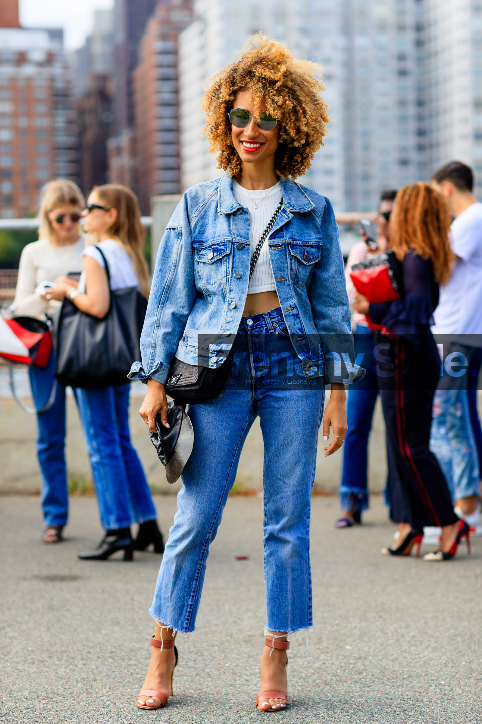 black bag, black cap, blue denim, brown shoes, chanel, crop top, denim jacket, denim pants, elaine welteroth, fashion week, frenchystyle, full length, FW, high heels, jeans, jonathan paciullo, leather shoes, NEW YORK, NYFW, SPRING SUMMER 2017, SS 17, street style, sunglasses, trousers, vertical, white t shirt, woman