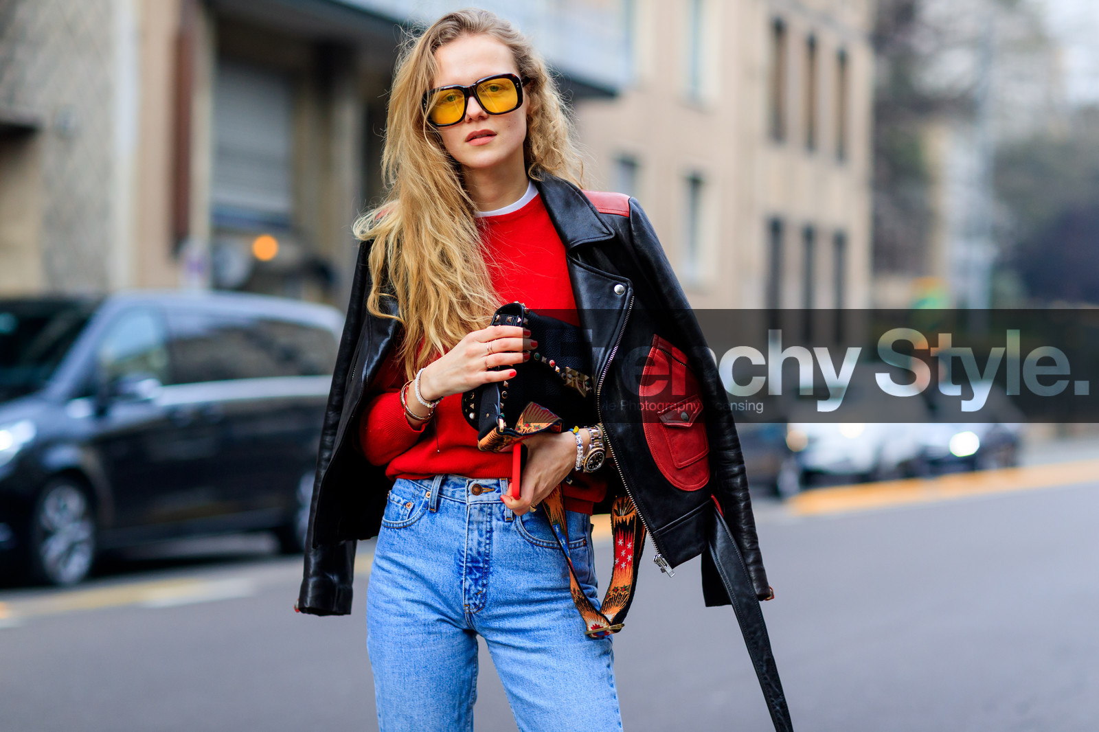 atmosphere details, AUTUMN WINTER 2017-2018, AW 17-18, black bag, black jacket, black perfecto, blue denim, denim pants, detail, FALL WINTER 2017-2018, fashion week, frenchystyle, fun sunglasses, FW, FW 17-18, horizontal, jeans, jonathan paciullo, leather bag, leather jacket, leather perfecto, MFW, MILAN, over the shoulder, red sweater, street style, studs, sunglasses, trousers, valentino
